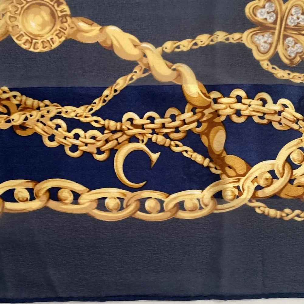 Christian Dior 100% silk scarf. Deep rich, navy blue gold cream color 34 x34